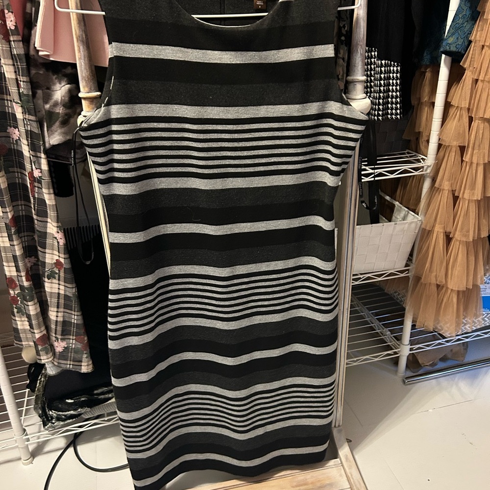 Calvin Klein Black and Gray Striped Midi Dress
